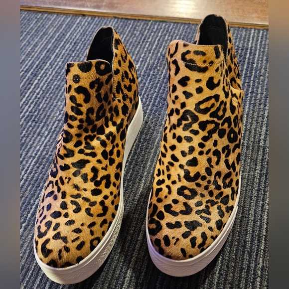 SLIP-ON Sneaker Wedge Size 8 STEVE MADDEN-WRANGLER L LEATHER Cow hair Leopard - Picture 3 of 6